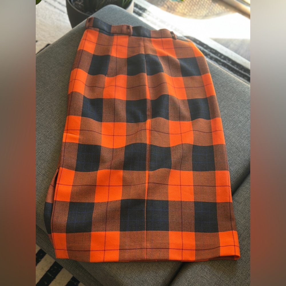 Zara Vibrant Orange and Black Plaid Pencil Skirt with Back Slit - Picture 3 of 10